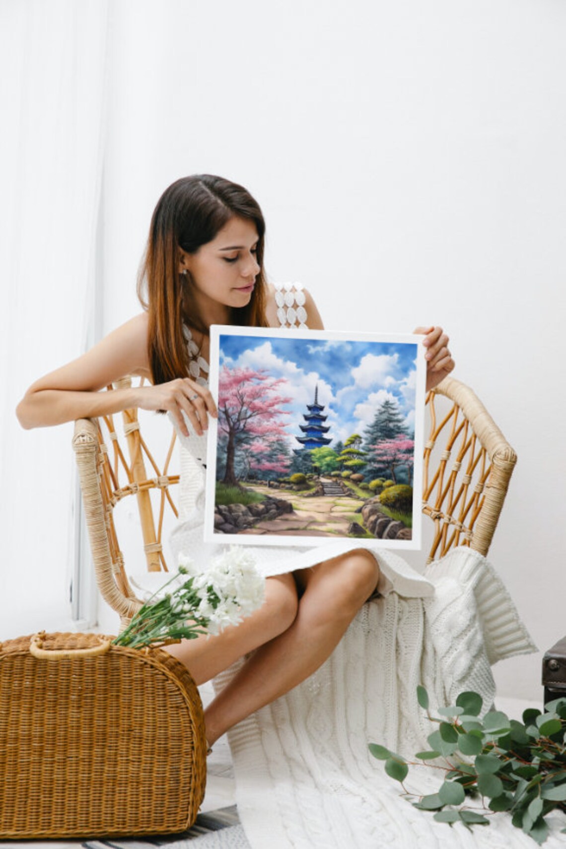 Blue Pagoda Japanese Watercolor Cherry Blossom Garden Path Poster - Image 3