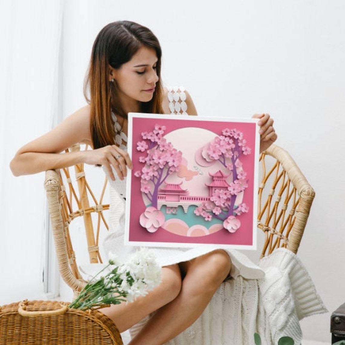 Pink Cherry Blossom Japanese Pavilion Moon Paper Cut Art Poster - Image 3