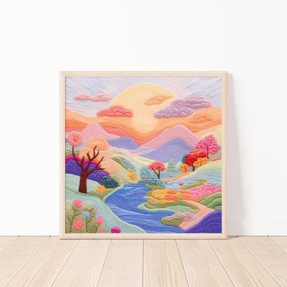 Colorful Embroidered Landscape Art Printwhimsical Nature Sceneabstract Downloadvibrant Sunset Wall Artbright Home Decor20x20
