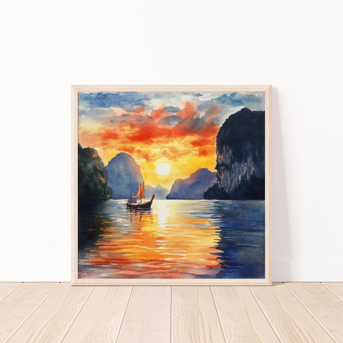 Sailboat At Sunset Watercolor Tropical Cliffs Seascape Art Print