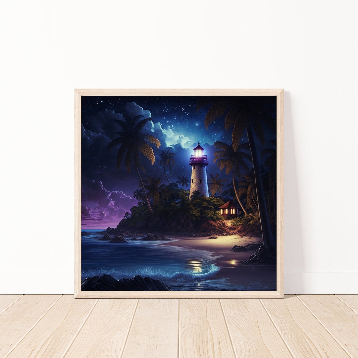 Night Lighthouse Tropical Island Starry Sky Glowing Beacon Art Poster