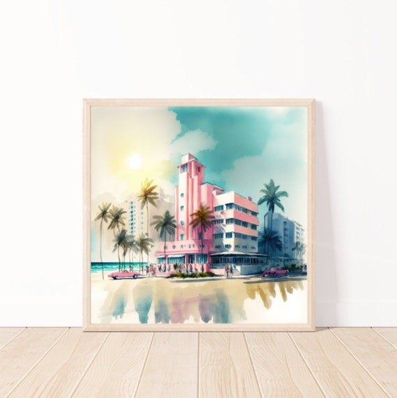 Watercolor South Beach Wall Art Miami Landscape Ai Wall Art Tropical Art Print Miami Florida