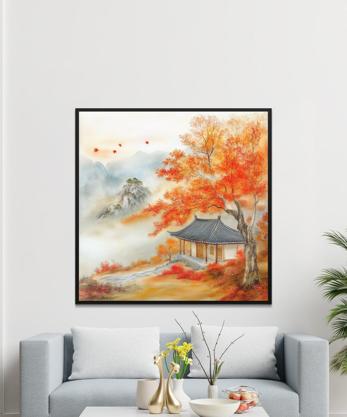 East Asian Pavilion Autumn Red Maples Misty Mountains Painting Poster - Image 4