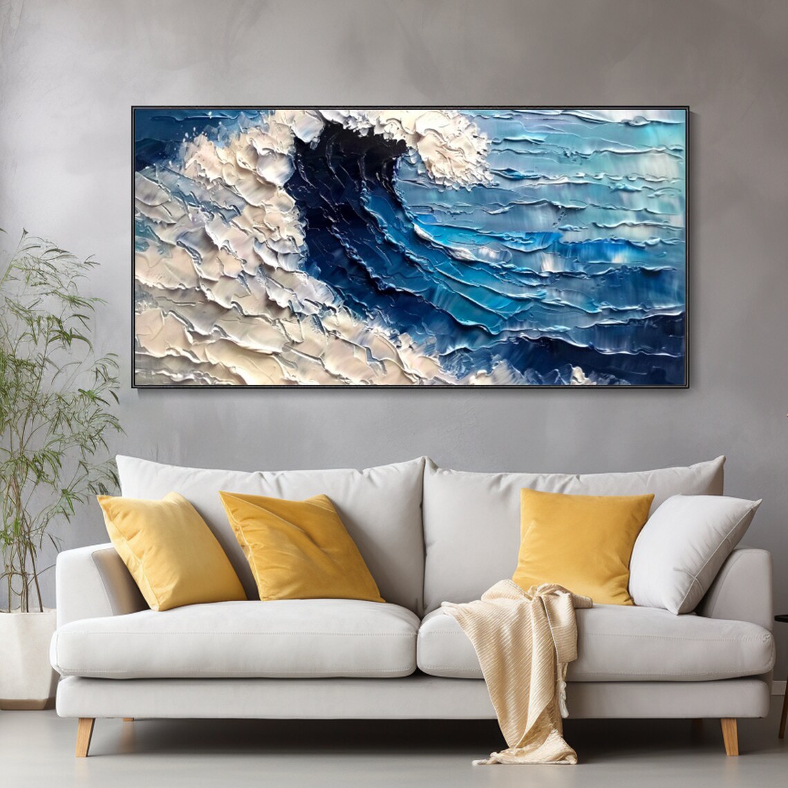 Blue White Abstract Ocean Wave Palette Knife Painting Textured 3D Art Poster - Image 3