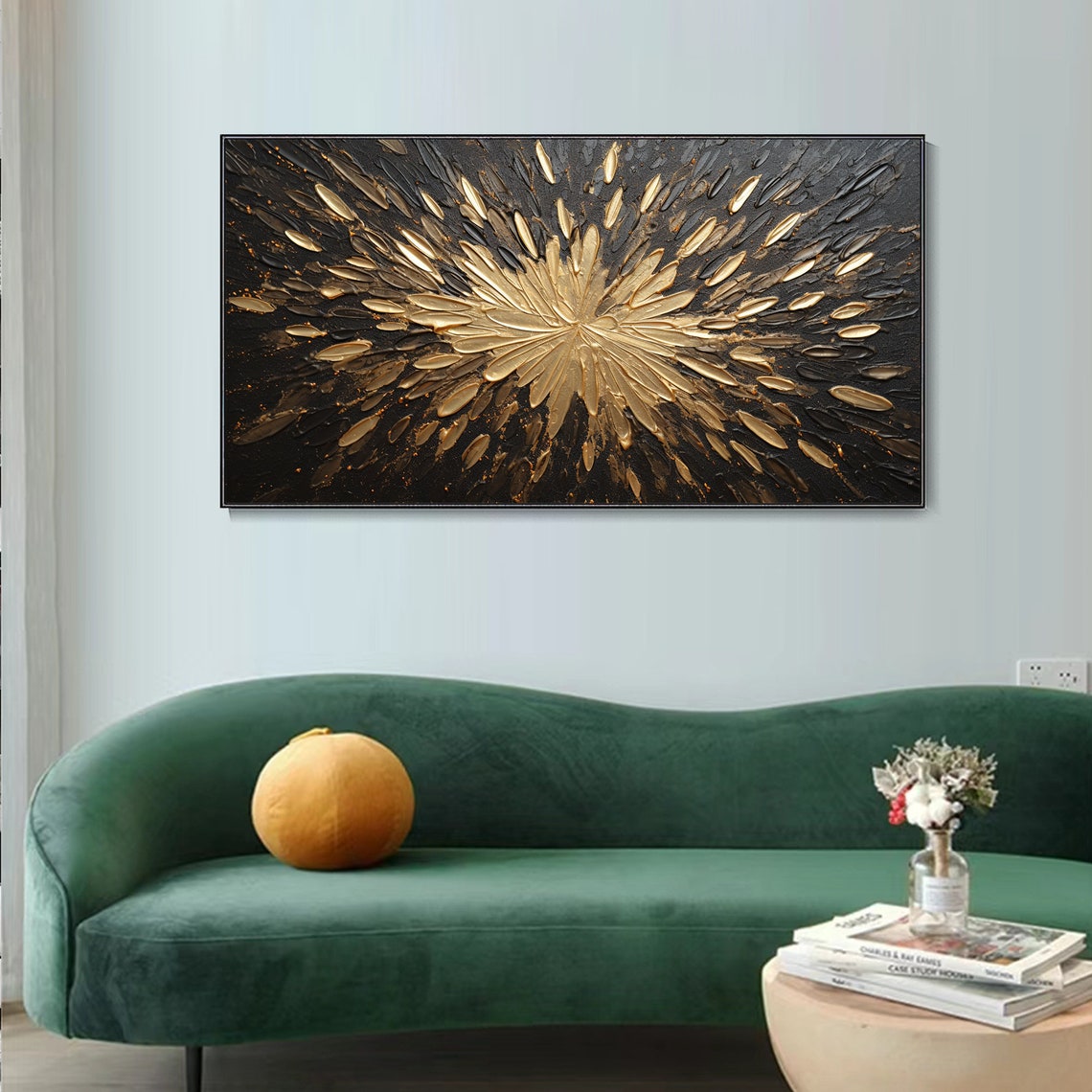 Gold Metallic Burst Black Background Abstract Floral Wall Art - Image 2