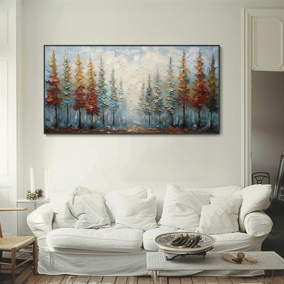 Colorful Pine Forest Misty Morning Textured Trees Landscape Wall Art - Image 3