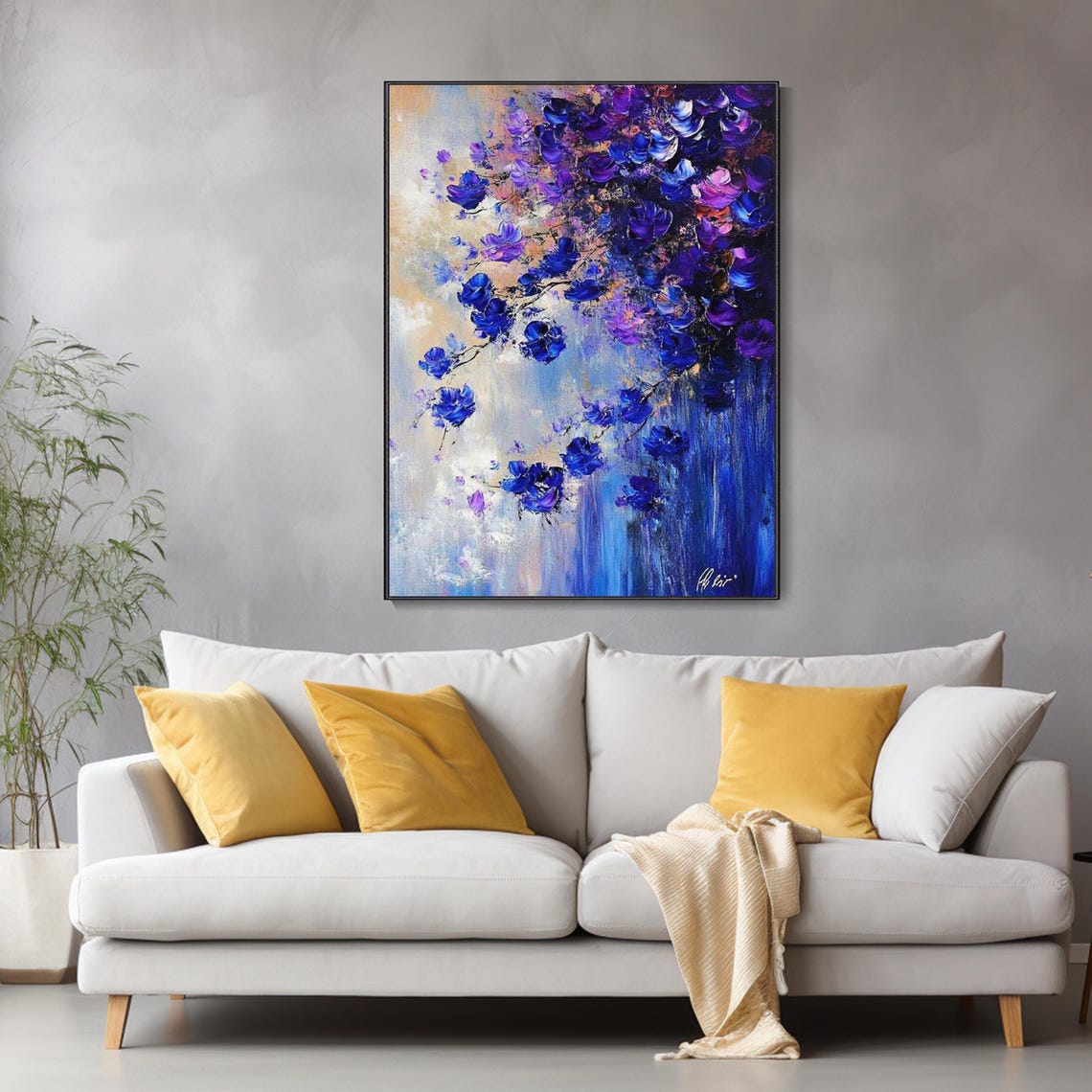 Deep Blue Violet Blossoms Cascade Textured Abstract Floral Art Poster - Image 2