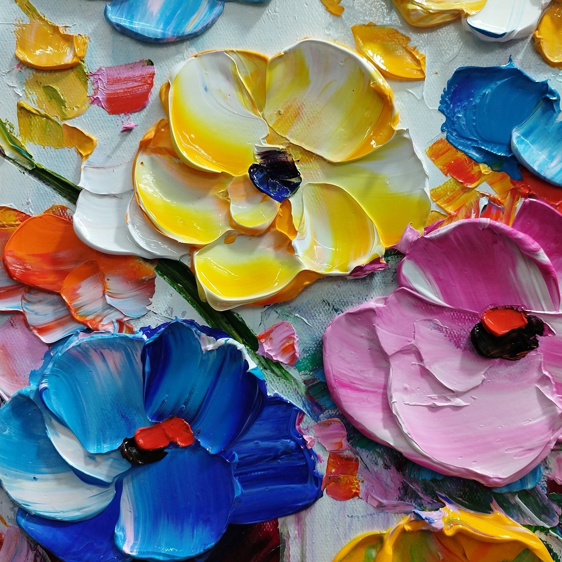 Rainbow Floral Bouquet Impasto Colorful Flowers Pale Blue Wall Art - Image 3
