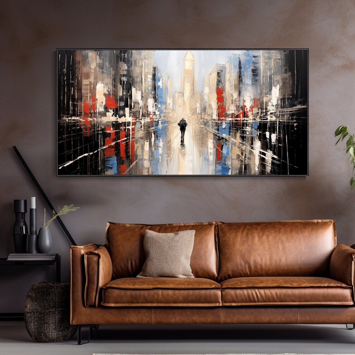 Rainy City Street Lone Figure Umbrella Moody Abstract Urban Wall Art - Image 2