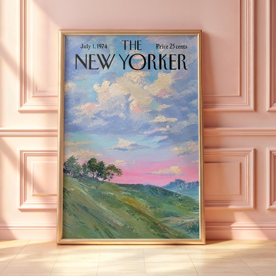 Vintage New Yorker Poster Retro Rolling Hills Sunset Print Impressionist Countryside Landscape Wall Art Midcentury Magazine Cover