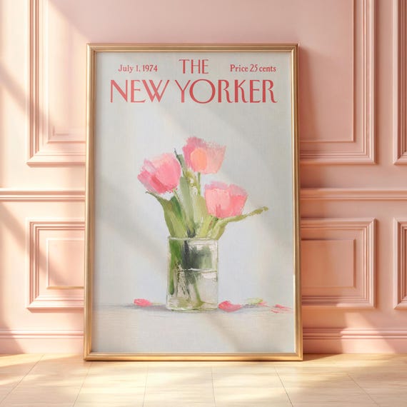 Vintage New Yorker Tulip Poster Pink Flower Wall Art Minimalist Floral Print Elegant Magazine Cover Spring Botanical Decor