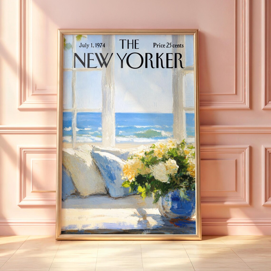 The New Yorker July 1974 Coastal Window Ocean View Floral Poster