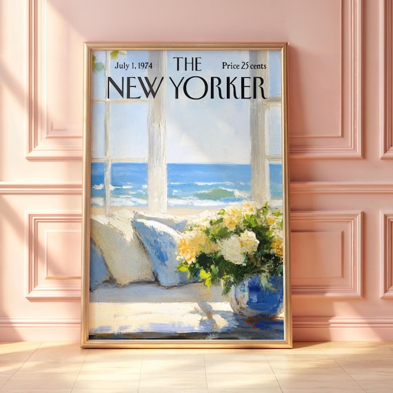 The New Yorker July 1974 Coastal Window Ocean View Floral Poster