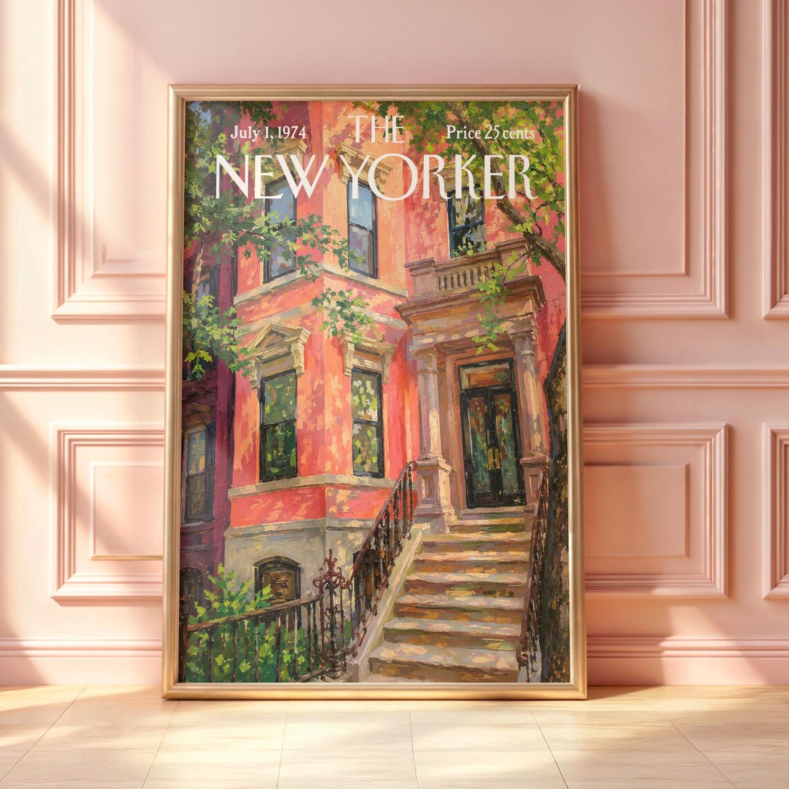 The New Yorker July 1974 Pink Brownstone Townhouse Stoop City Art Poster
