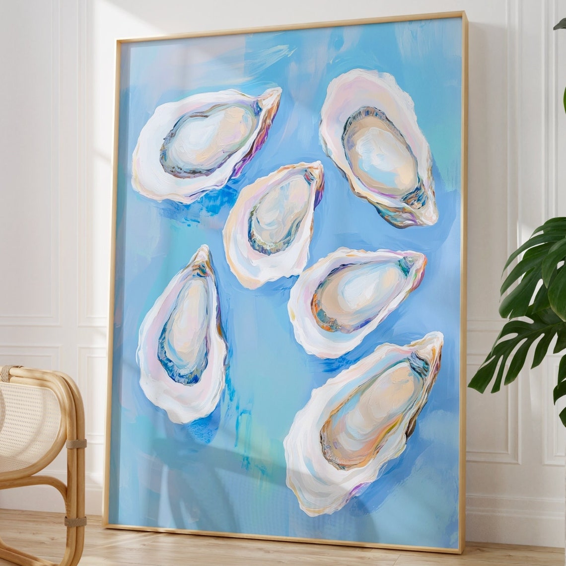 Oyster Shells on Turquoise Watercolor Coastal Kitchen Wall Art