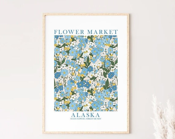 Flower Market Poster Blue Botanical Wall Art Minimalist Home Decor Alaska State Print Forgetmenot Matisse Inspired