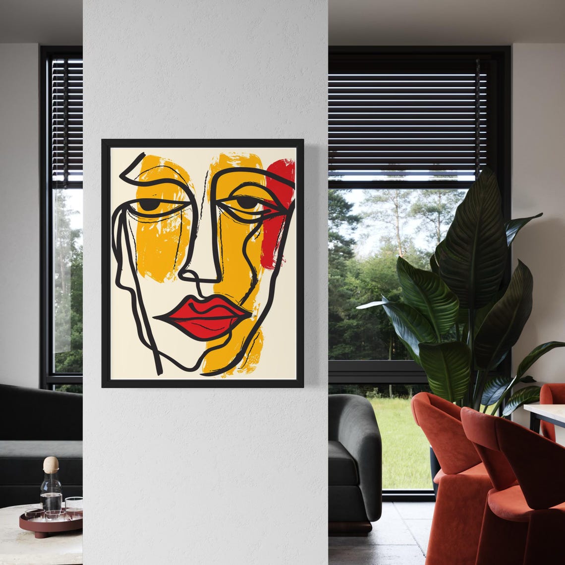 Abstract Face Bold Line Drawing Ochre Red Lips Modern Art Poster - Image 2
