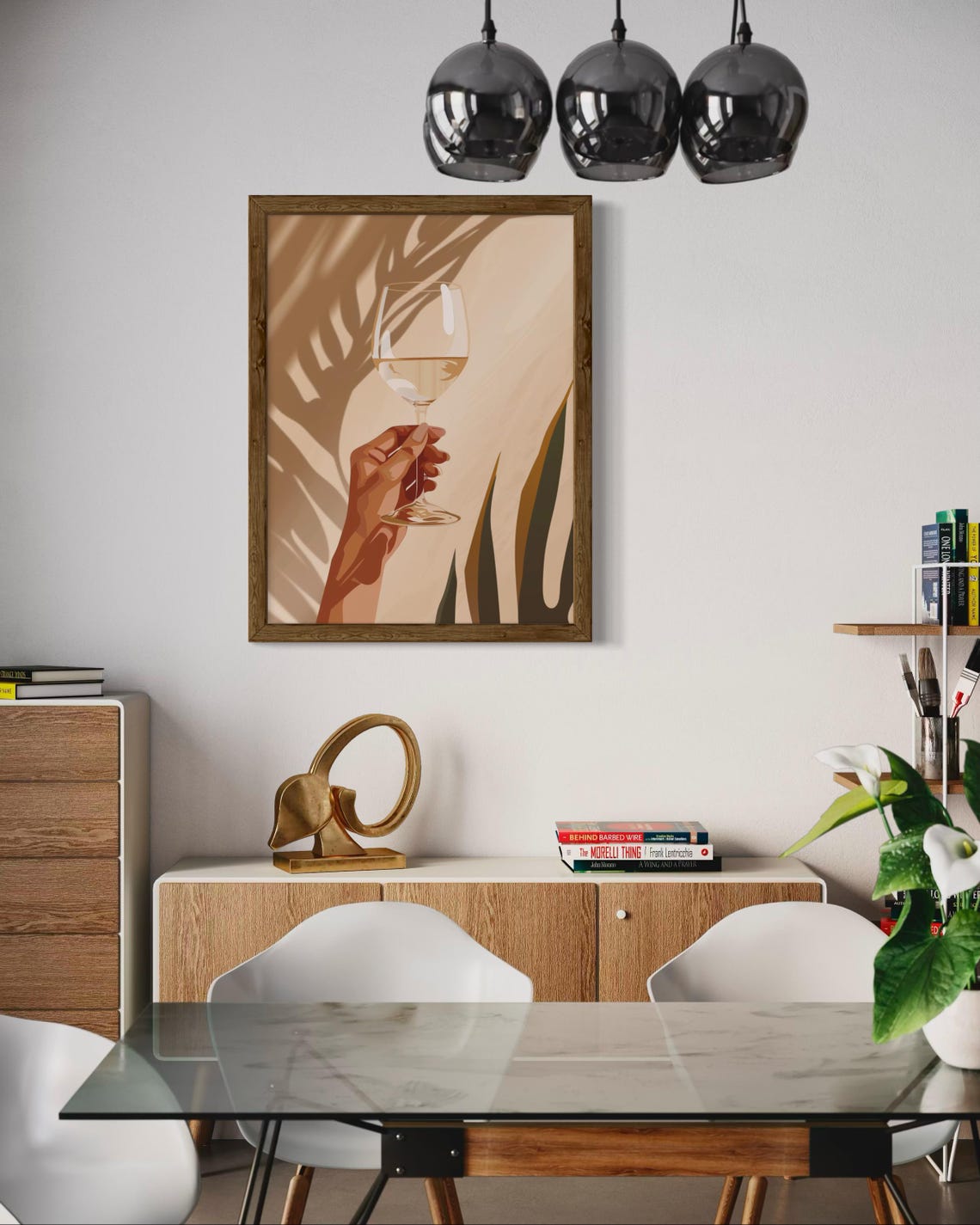 Elegant Wine Glass Art Print Tropical Minimalist Decor Neutral Palm Shadow For Living Room Or Kitchen - Image 2