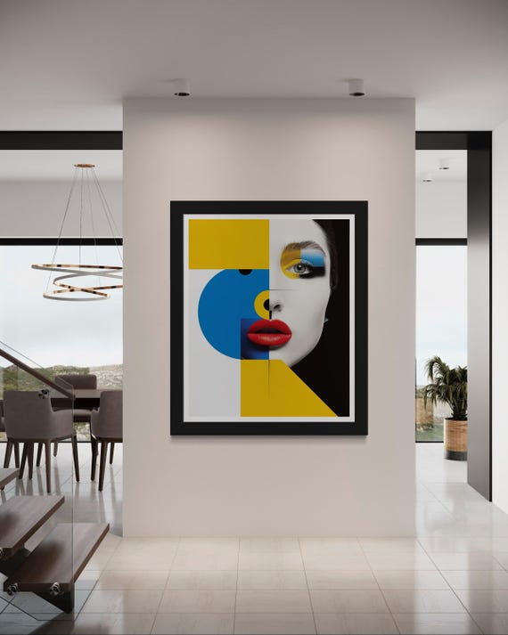 Abstract Minimalist Woman Portrait Geometric Pop Art Design In Bold Colors Symmetrical Wall Art Instant
