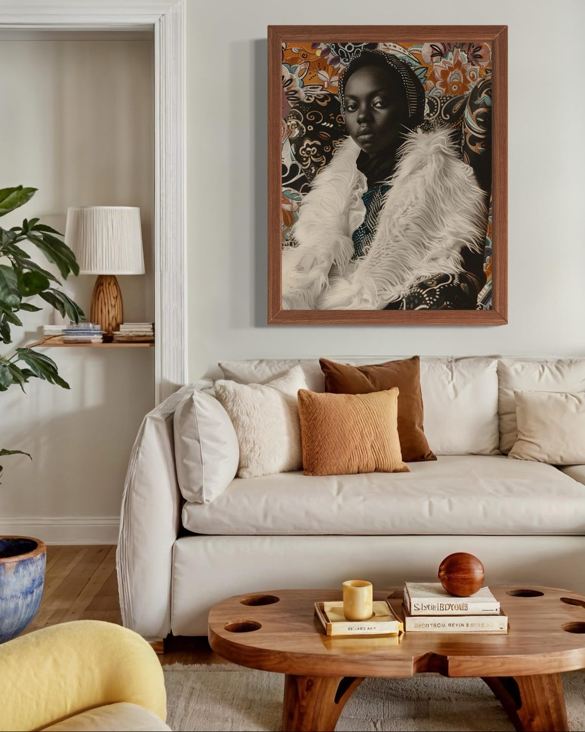 Black Woman White Feather Coat Boho Glam Portrait Art Poster - Image 6