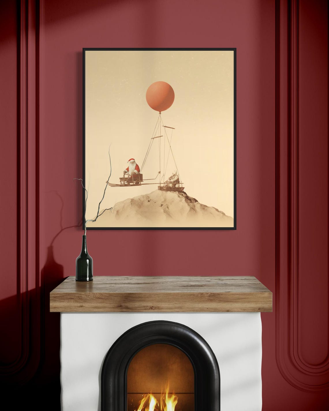 Santa Claus Hot Air Balloon Sleigh Whimsical Vintage Christmas Poster - Image 5