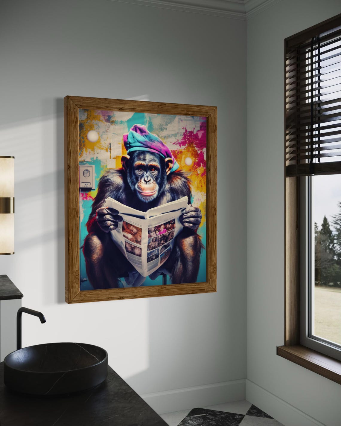 Chimpanzee Reading Newspaper On Toilet Funny Bathroom Art Poster - Image 3