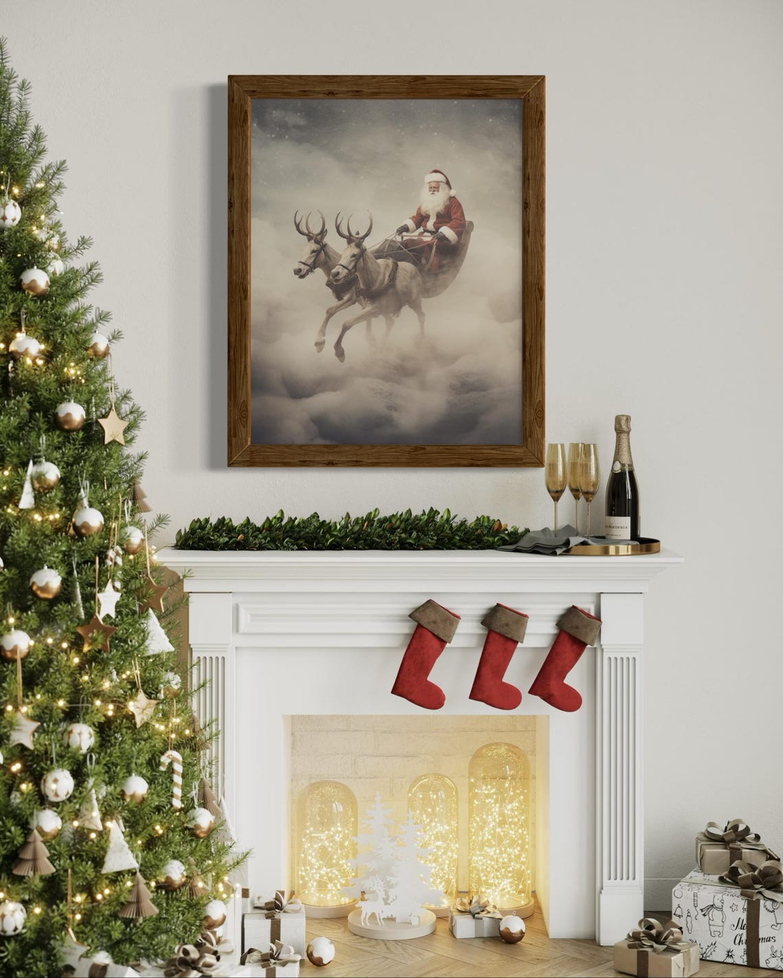Santa Claus Flying Sleigh With Reindeer Dreamy Winter Sky Poster - Image 4