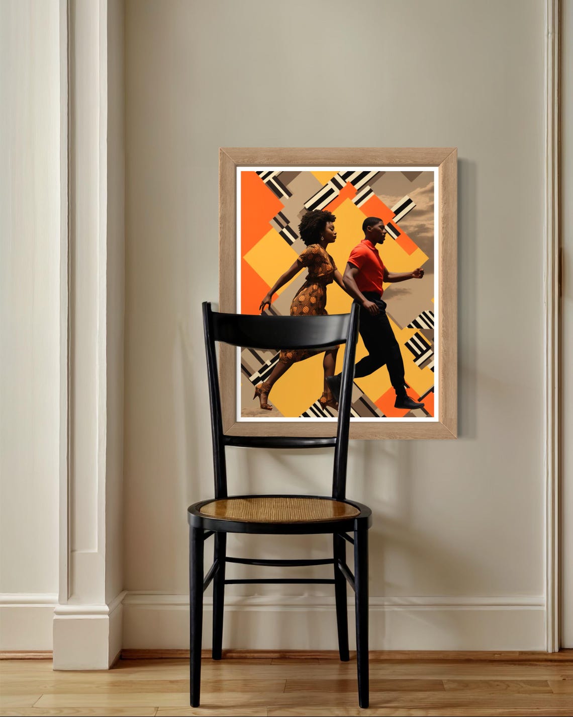 Afro Couple Walking Geometric Orange Retro Background Art Print - Image 3