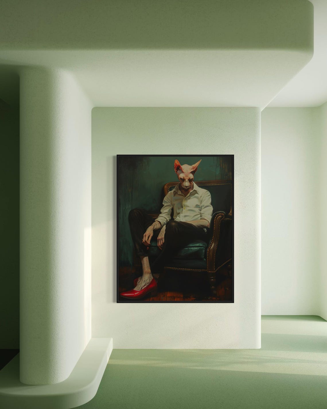 Surreal Anthropomorphic Sphynx Cat Portrait Red Heels Chair Wall Art - Image 7