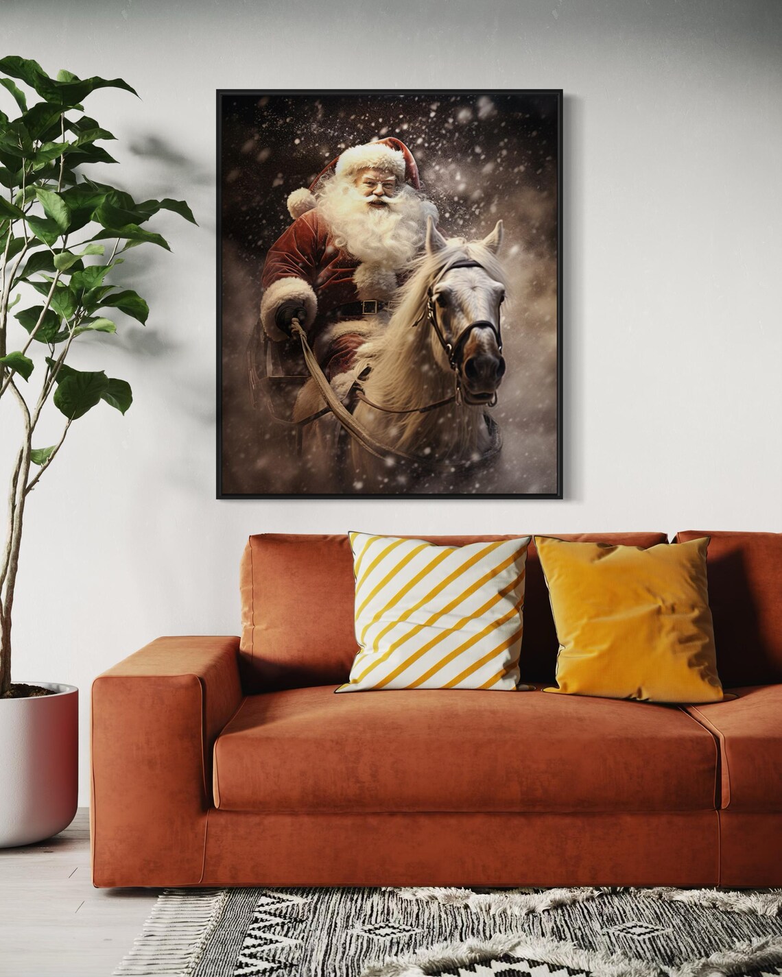 Vintage Santa Claus Riding White Horse Snowy Christmas Scene Poster - Image 6