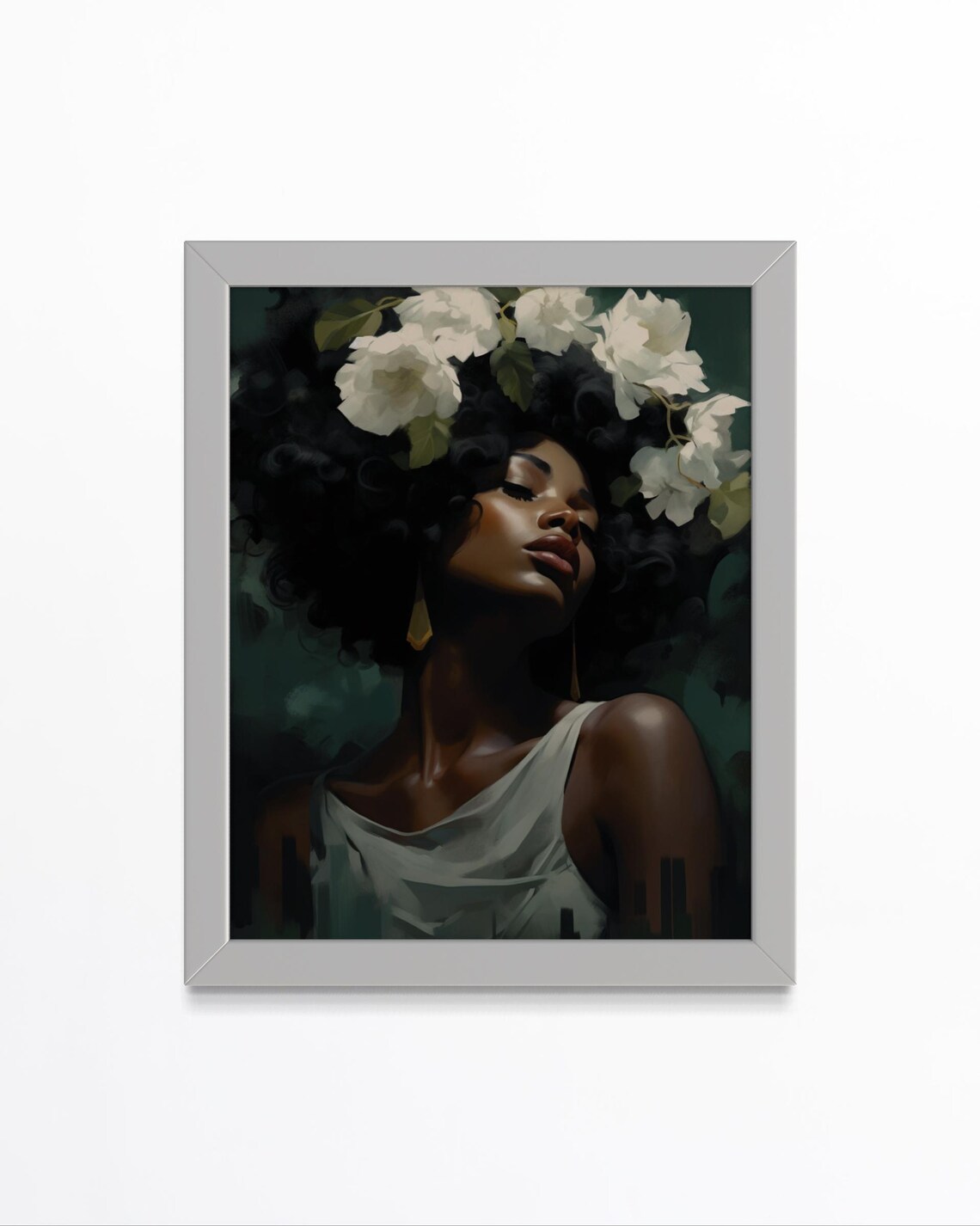 Black Woman Floral Art Print, Afrocentric Portrait