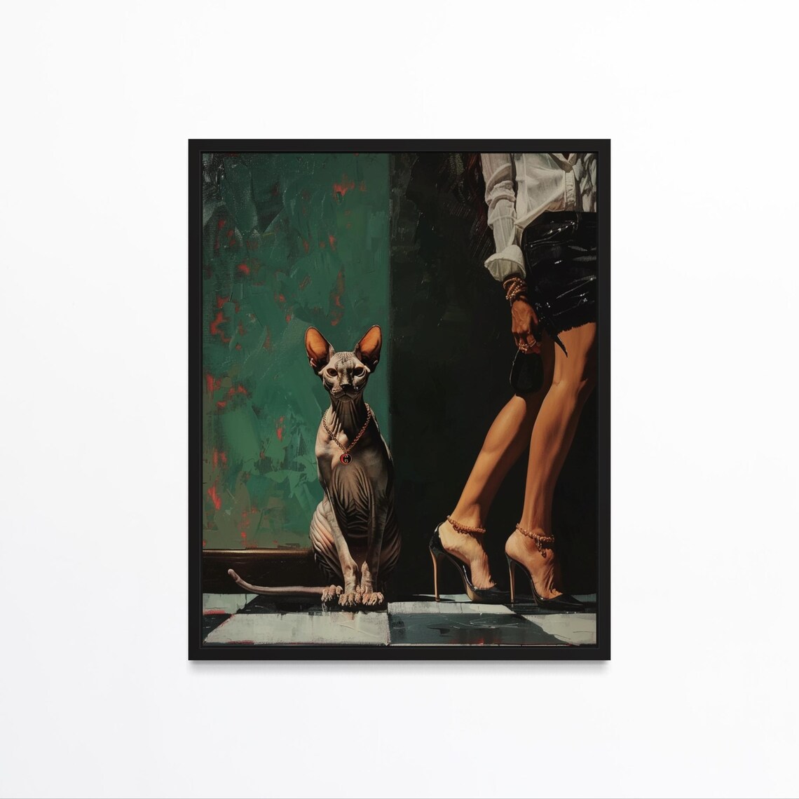 Sphynx Cat With Gold Necklace Beside Woman in Heels Art Poster