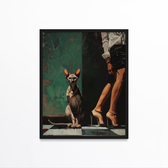 Sphynx Cat With Gold Necklace Beside Woman in Heels Art Poster