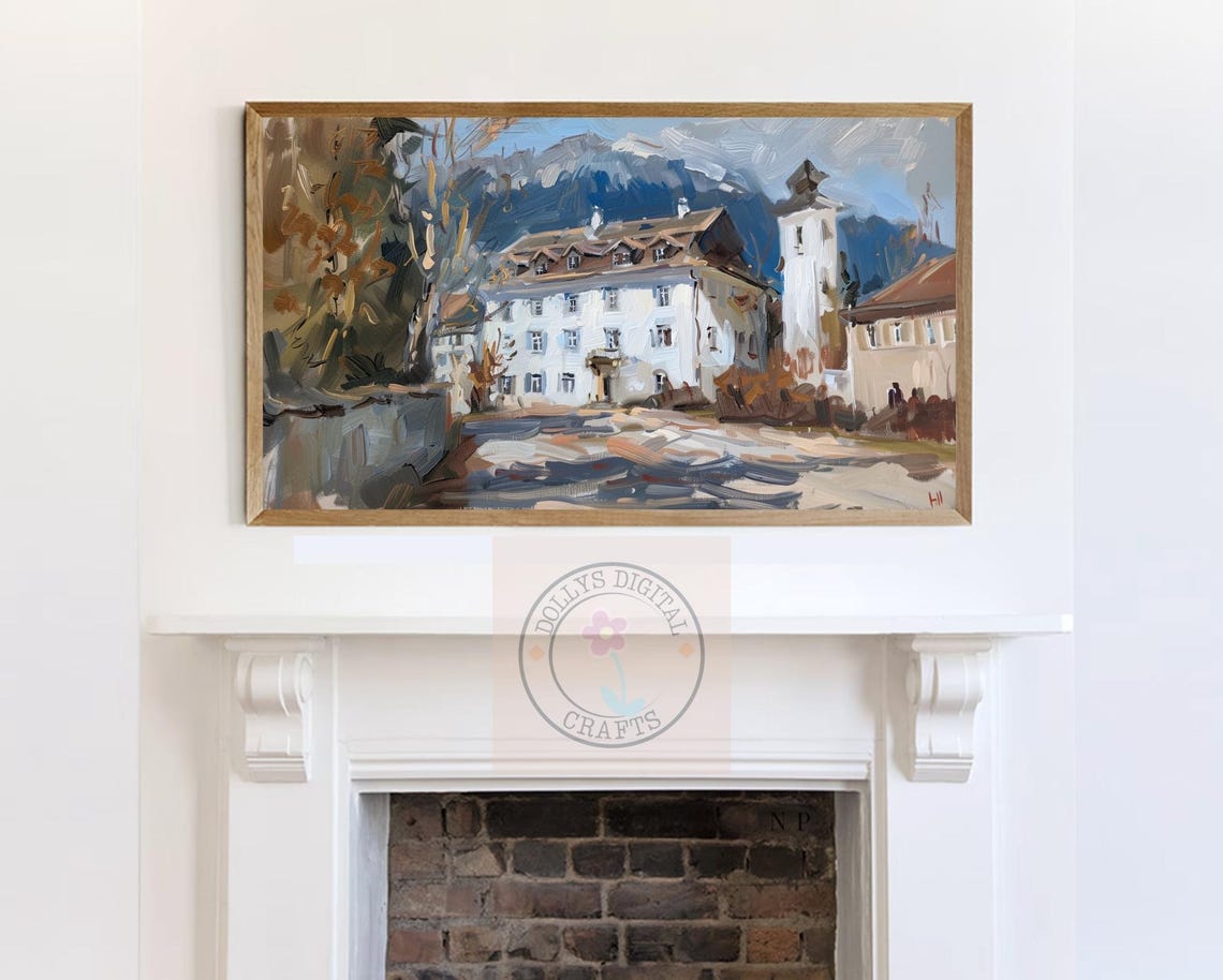 White Alpine Town Building Snowy Mountain Street Painting Poster - Image 7
