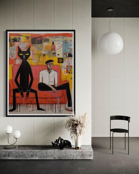 Man And Black Cat On Red Sofa Graffiti Abstract Urban Art Poster