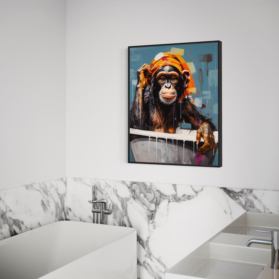 Chimpanzee in Bathtub Wearing Orange Turban Playful Art Poster - Image 2