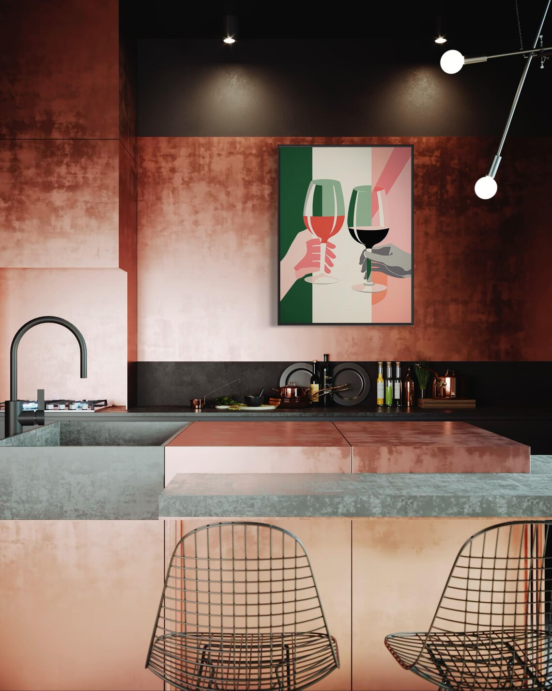 Modern Retro Wine Glass Toast Hands Green Pink Striped Wall Art - Image 6