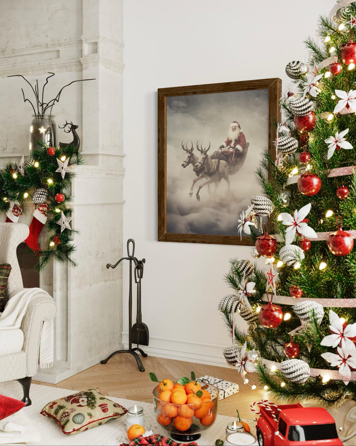 Santa Claus Flying Sleigh With Reindeer Dreamy Winter Sky Poster - Image 7