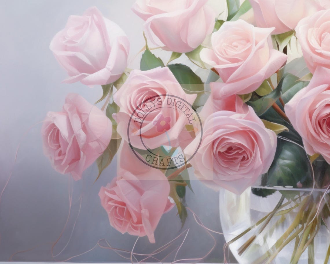 Pink Roses Glass Vase Soft Floral Bouquet Light Airy Poster Home Decor - Image 5