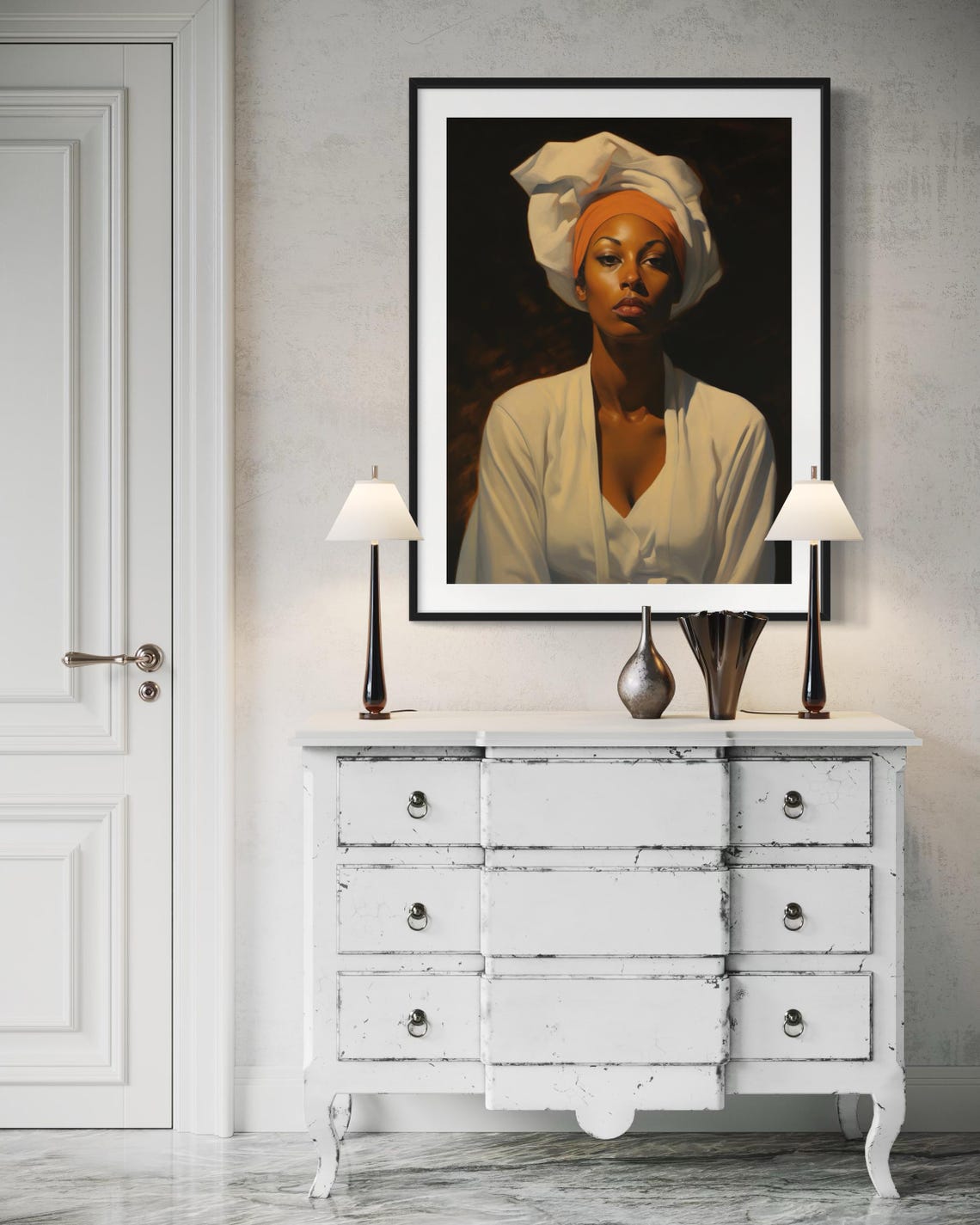 Elegant Black Woman White Headwrap Classic Portrait Afrocentric Print - Image 2