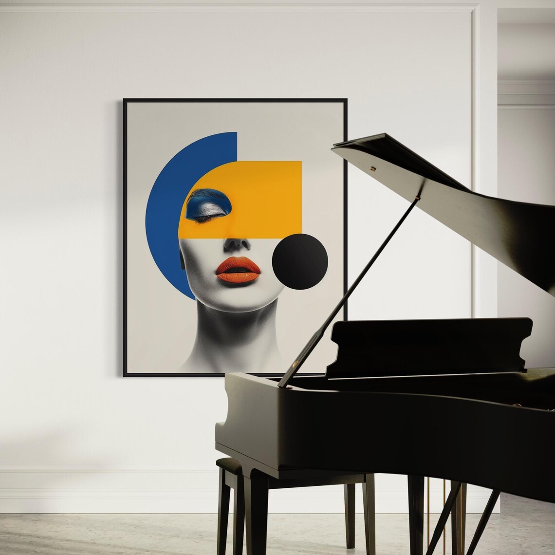 Abstract Grayscale Woman Face With Orange Lips and Blue Arc Art Poster - Image 3