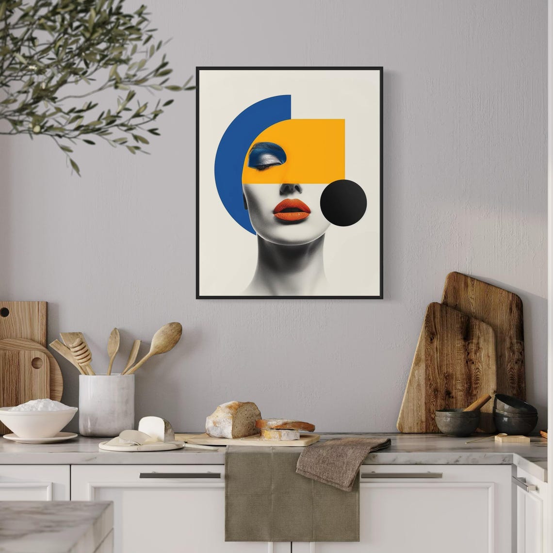 Abstract Grayscale Woman Face With Orange Lips and Blue Arc Art Poster - Image 6