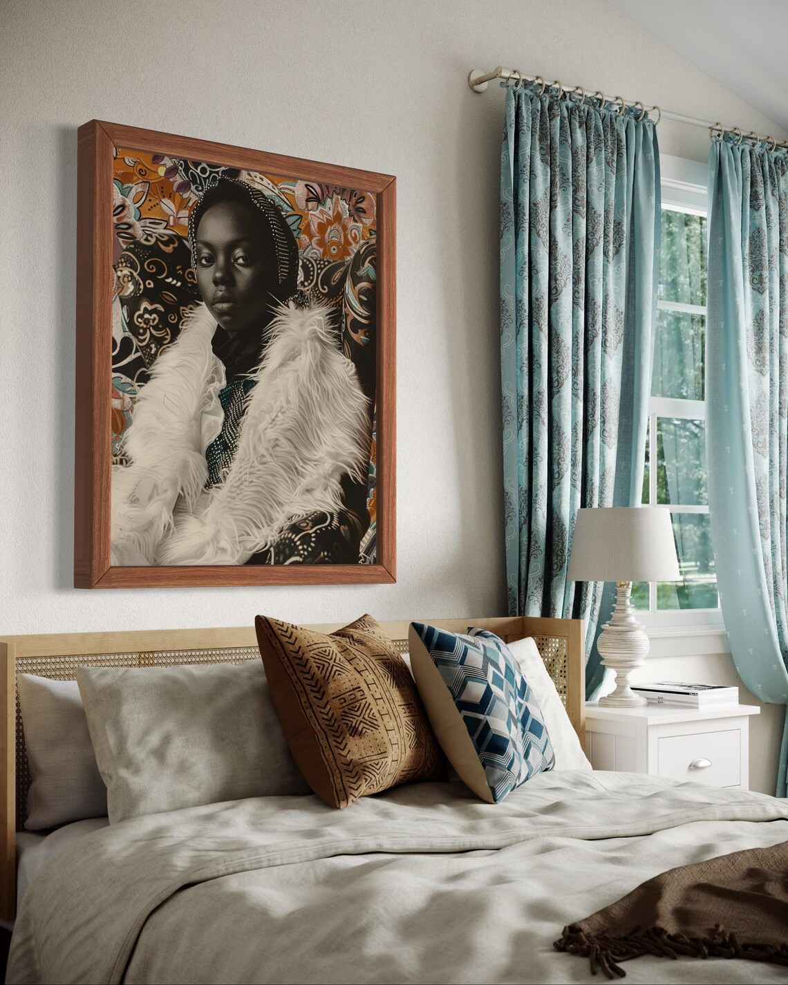 Black Woman White Feather Coat Boho Glam Portrait Art Poster - Image 2