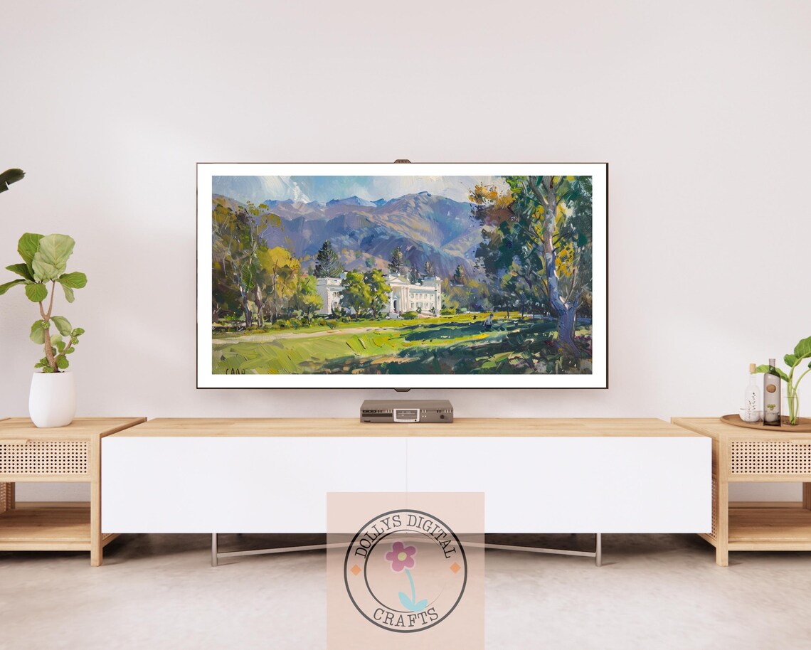 White Mountain Mansion Oil Painting Green Lawn Landscape Poster - Image 2