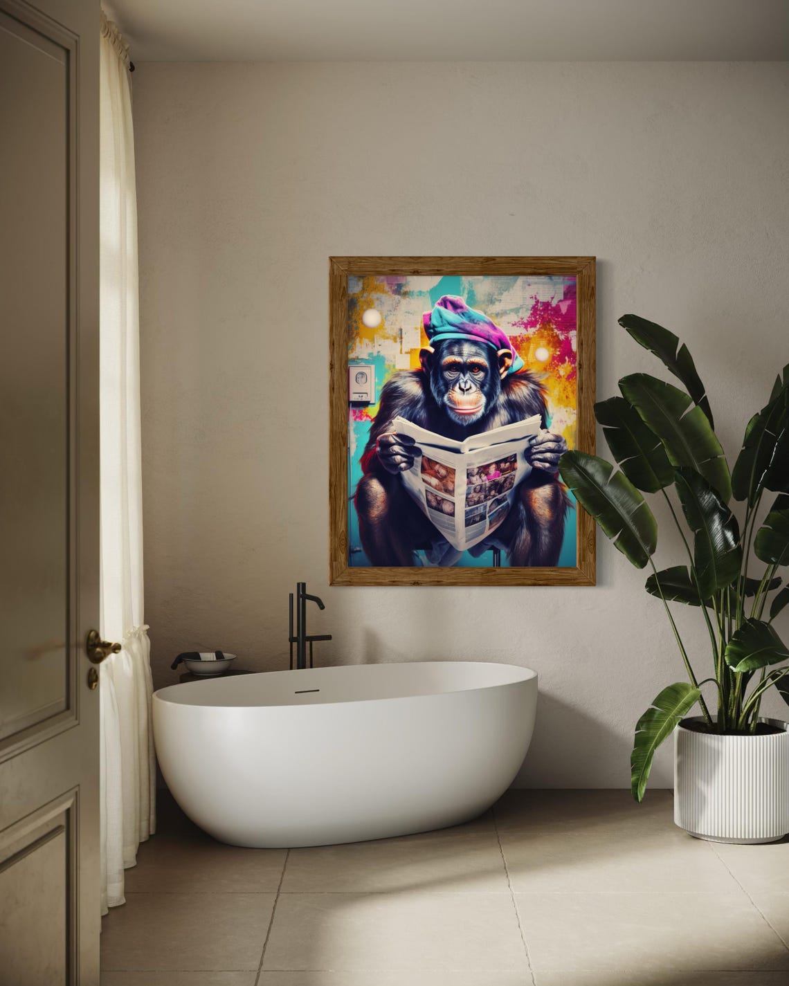 Chimpanzee Reading Newspaper On Toilet Funny Bathroom Art Poster - Image 2