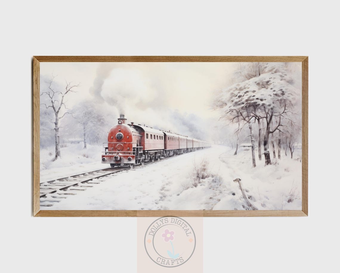 Red Steam Train Snowy Winter Journey Vintage Locomotive Art Poster