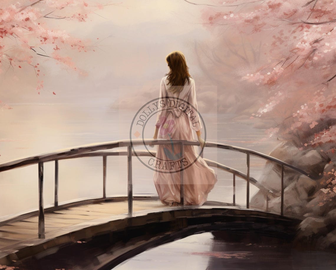 Woman Bridge Cherry Blossom Misty Lake Dreamy Calm Poster Home Decor - Image 4