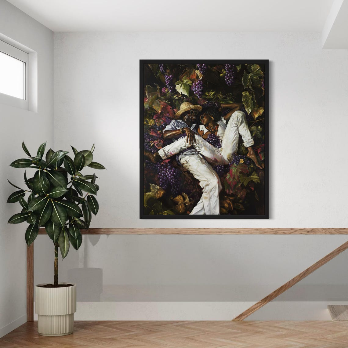 Black Couple Relaxing in Vineyard Among Grapes Romantic Art Poster - Image 4