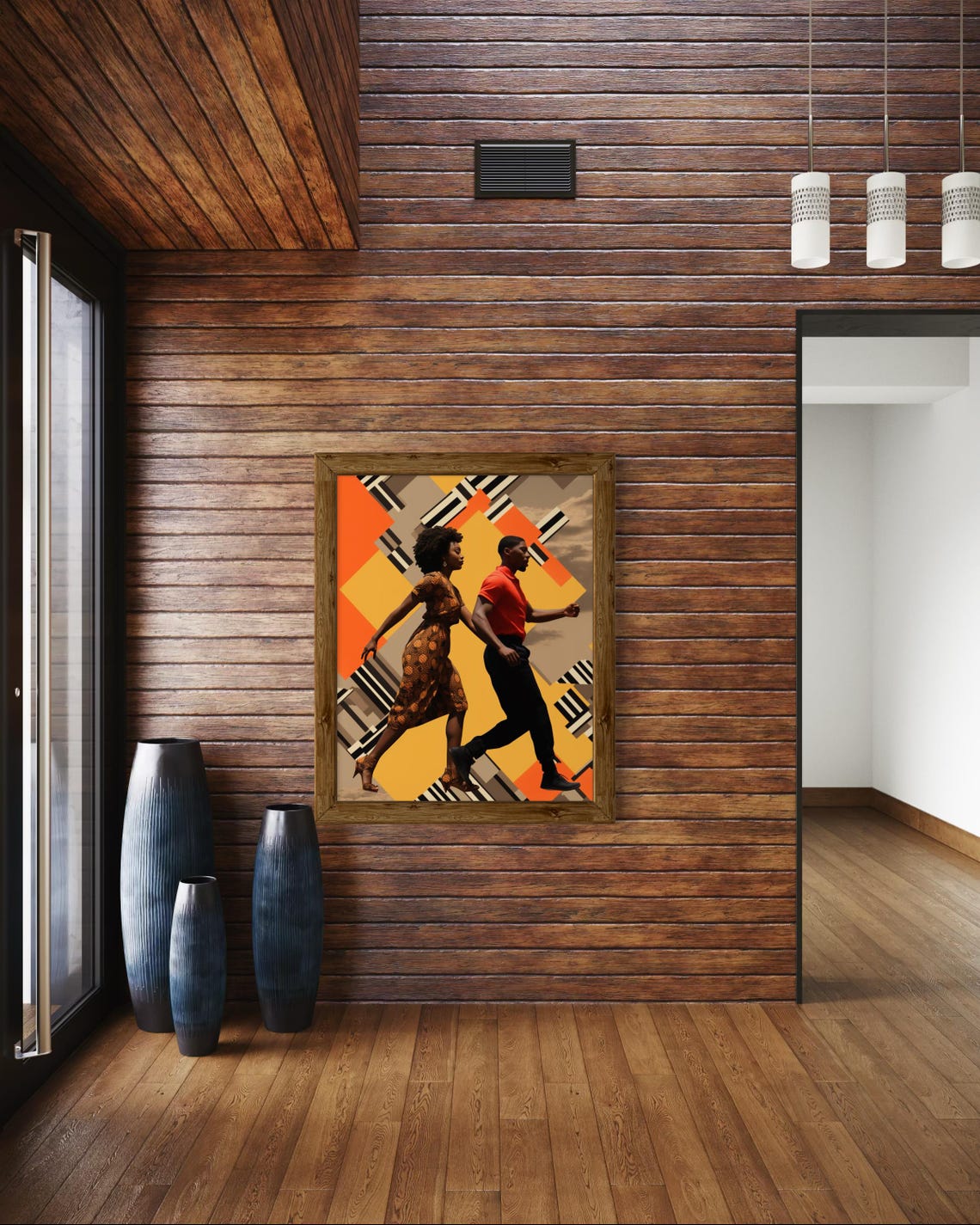 Afro Couple Walking Geometric Orange Retro Background Art Print - Image 6