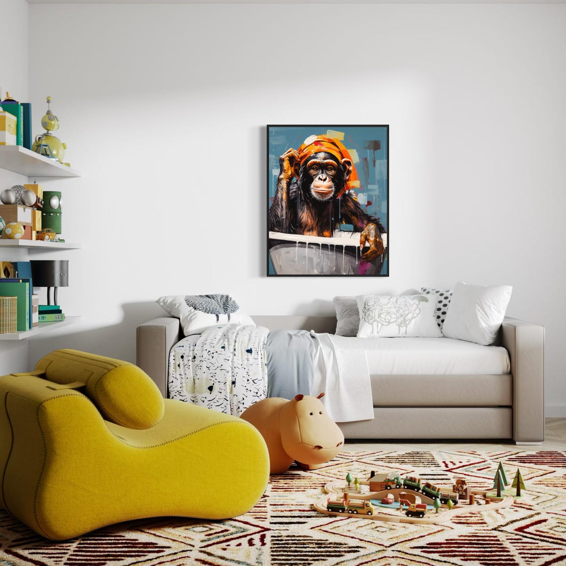 Chimpanzee in Bathtub Wearing Orange Turban Playful Art Poster - Image 6